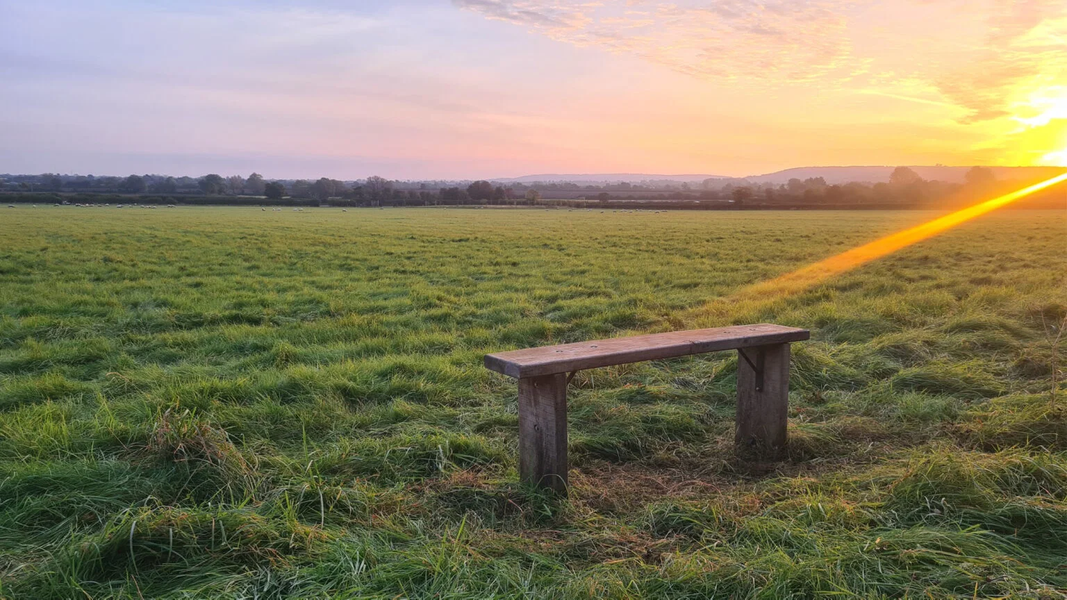 Eenvoudige houten bank in een weiland met laag zonlicht en wijd uitzicht, Aylesbury Vale