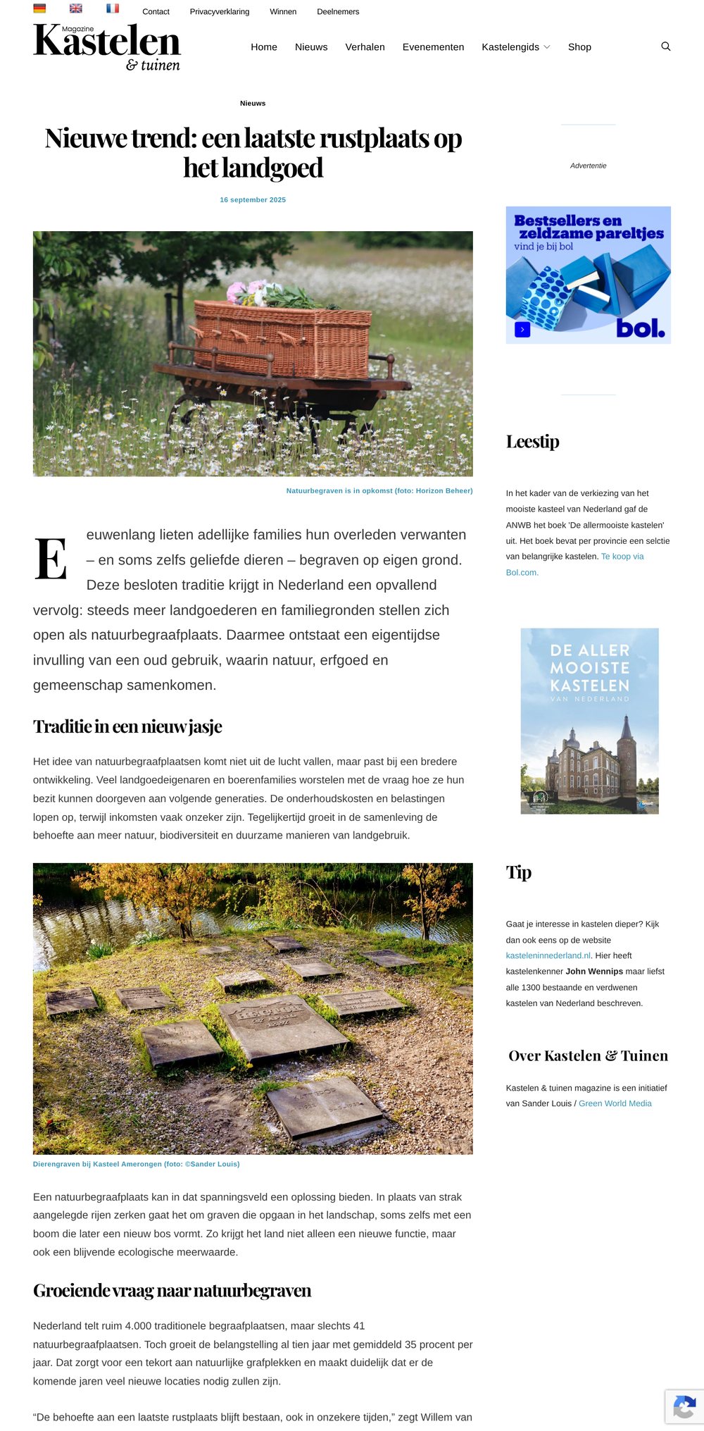 Schermafbeelding van het artikel “Nieuwe trend: een laatste rustplaats op het landgoed” op Kastelen & tuinen Magazine