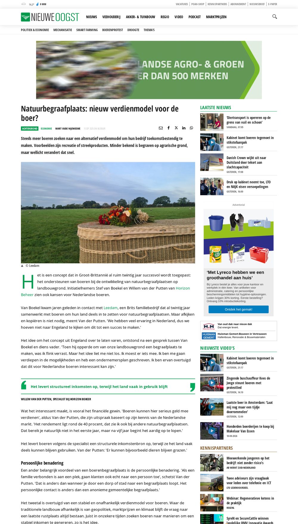 Schermafbeelding van het artikel “Natuurbegraafplaats: nieuw verdienmodel voor de boer?” op Nieuwe Oogst