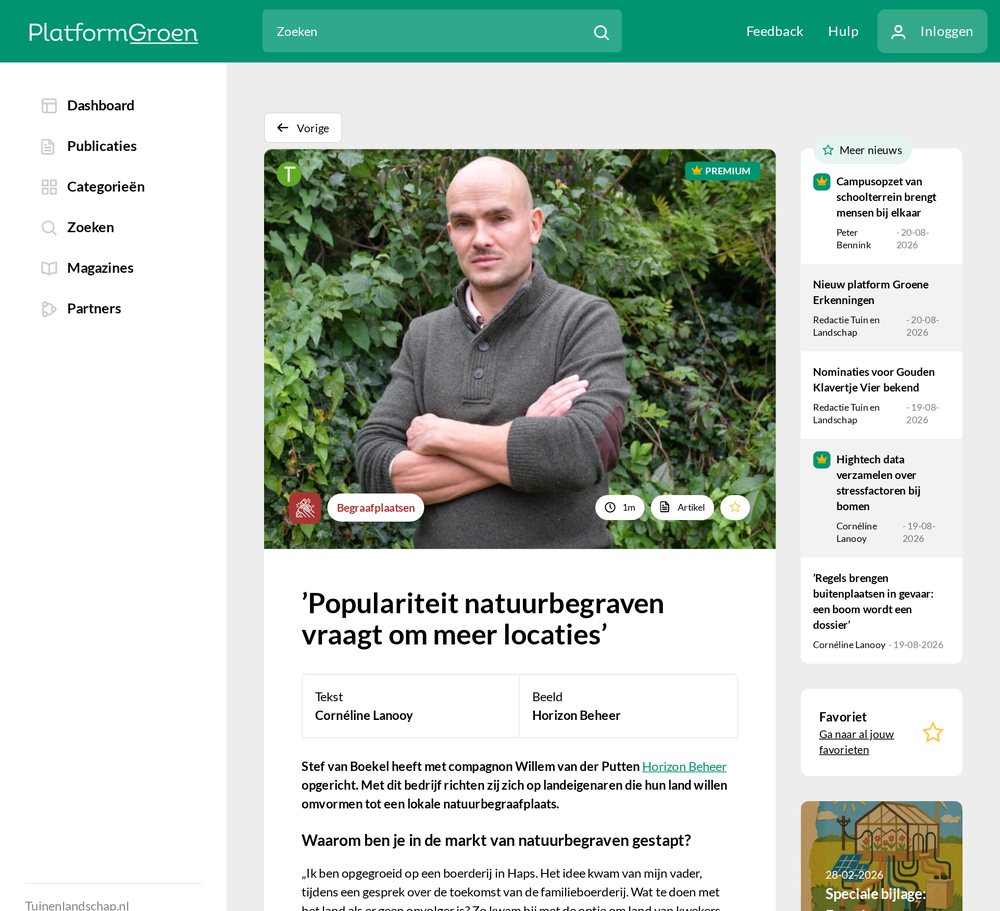 Schermafbeelding van het artikel “'Populariteit natuurbegraven vraagt om meer locaties'” op Platform Groen