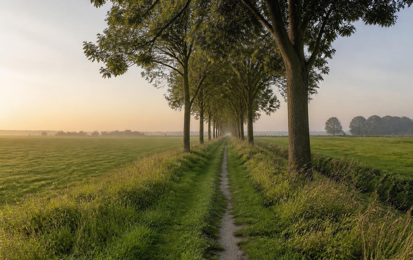 Zandpad door boerenland tussen twee rijen oude loofbomen in ochtendlicht